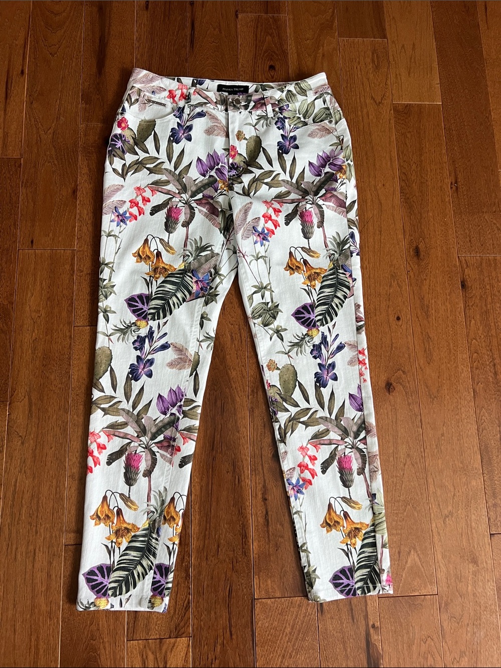 Ivanka Trump White Ankle Jeans with Multicolor Floral Print